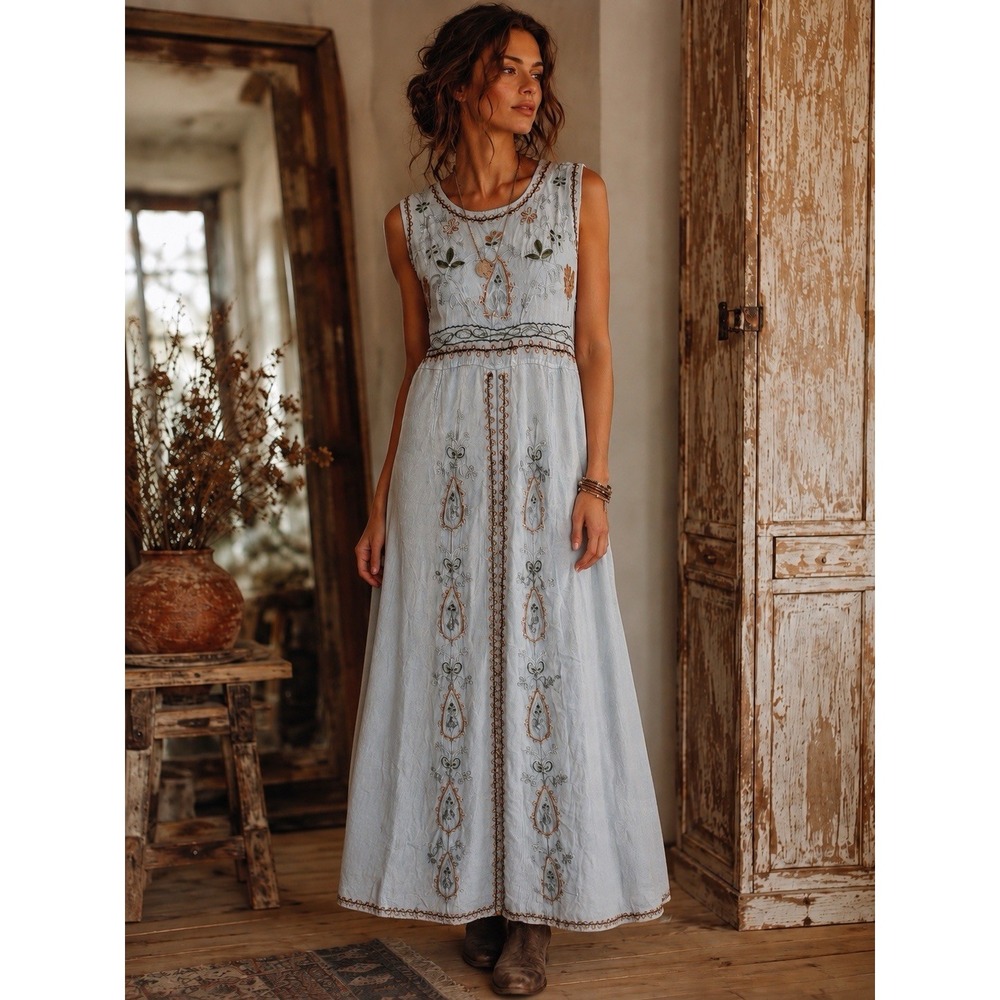 Vtg 90s MPH Gray Floral Embroidered Sleeveless Boho Maxi Dress Large Lagenlook